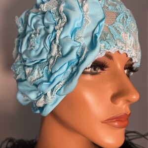 Blue 20 Theme Flapper Hat Cloche Lace Antique style Wrap Daytime Church